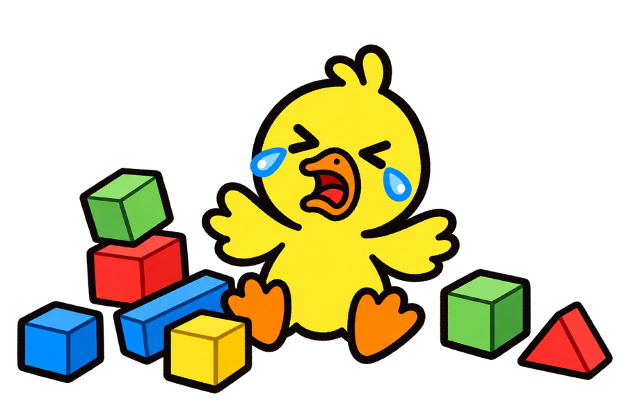 A gosling crying next to a fallen block tower