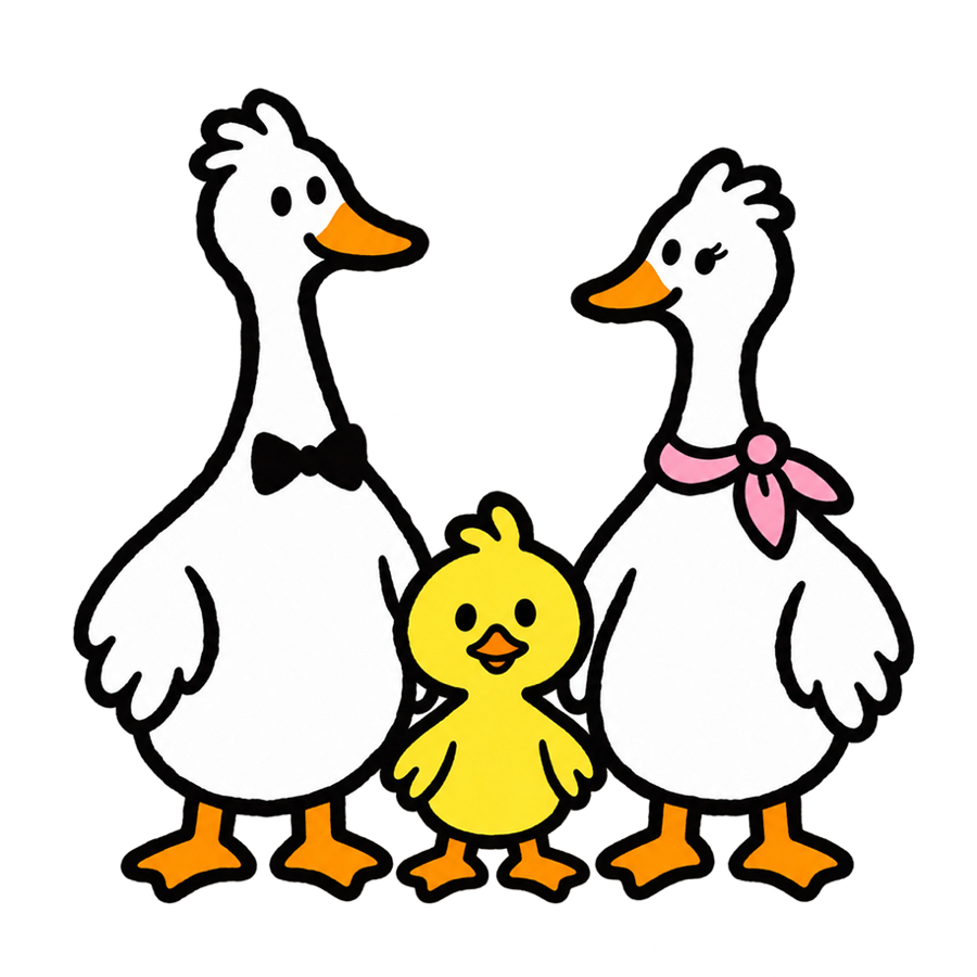 Dad goose, mom goose and their gosling standing together