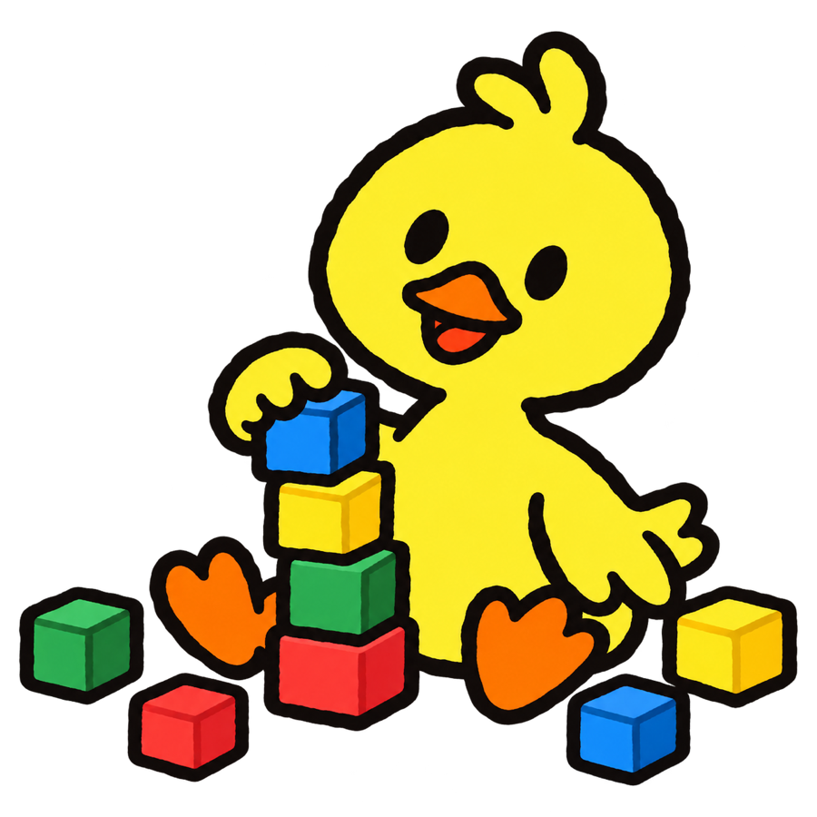 The gosling happily stacking blocks on its own