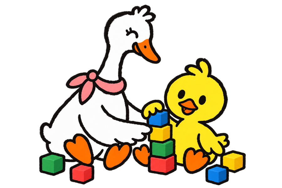 A mother goose sits beside her gosling as they rebuild the tower